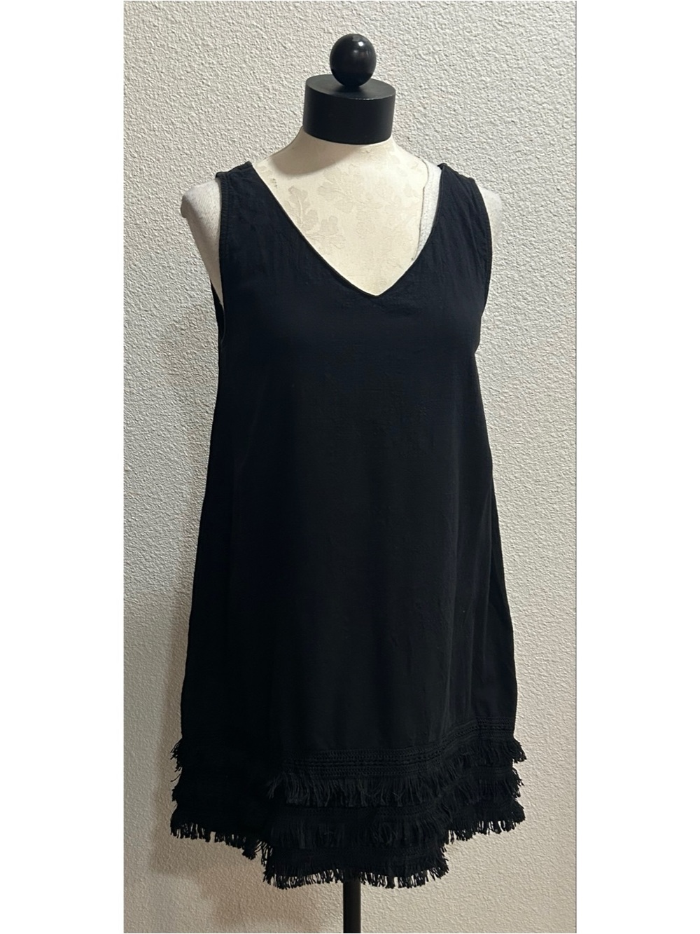 Umgee USA Boho Frayed Hem V-Neck Mini Dress Black Size XL Sleeveless Lagenlook